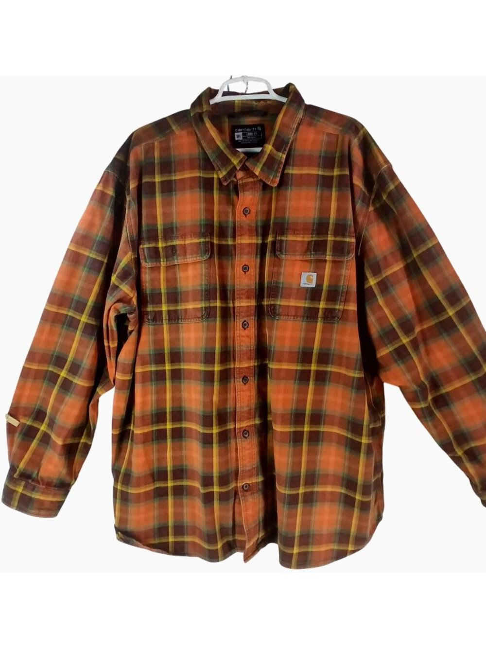 Carhartt Mens 3XL Loose Fit Long Sleeve Plaid Flannel Shirt Orange Brown